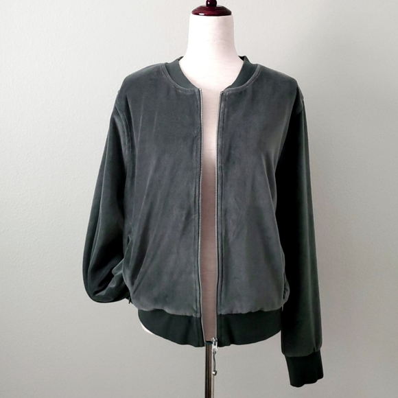 Zella Tops - Zella Velour Full Zip Sweatshirt, Gray/Green, Size Extra Large